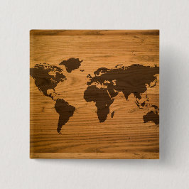 Wereldkaart op houtnerf vierkante button 5,1 cm