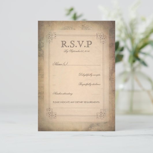 Wereldkaart Oude bruiloft RSVP Kaarten Kaartje (Staand voorkant)