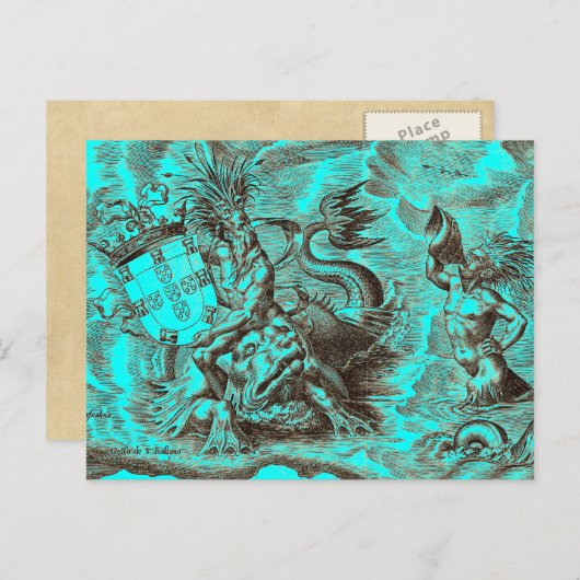 Wereldkaart Poseidon en Dolphin Briefkaart (Voorkant / Achterkant)