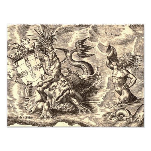 Wereldkaart Poseidon en Dolphin Foto Afdruk (Voorkant)