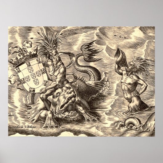 Wereldkaart Poseidon en Dolphin Poster (Voorkant)