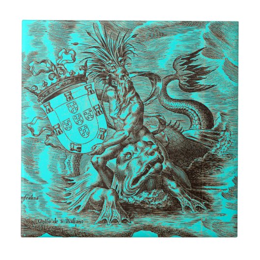 wereldkaart Poseidon Riding Dolphin Tegeltje (Voorkant)