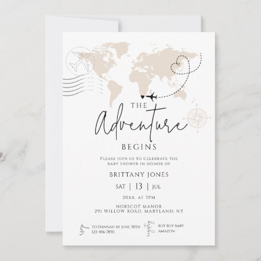 Wereldkaart reisavontuur begint met baby shower kaart (Voorkant)