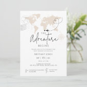 Wereldkaart reisavontuur begint met baby shower kaart (Staand voorkant)