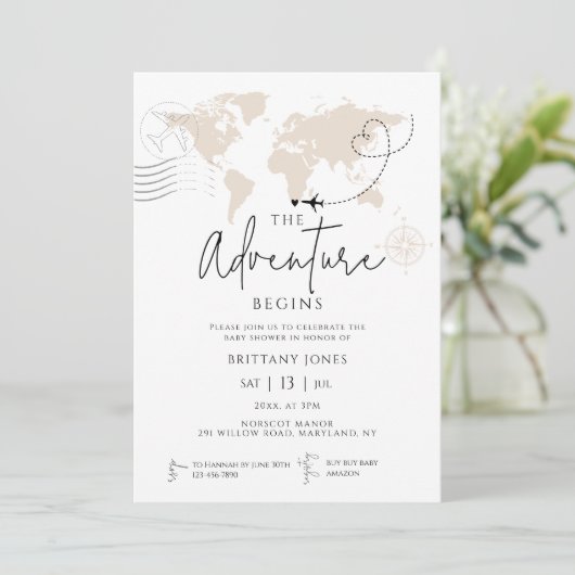Wereldkaart reisavontuur begint met baby shower kaart (Staand voorkant)