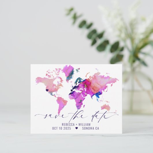 Wereldkaart reisbestemming bruiloft opslaan datum briefkaart (Staand voorkant)