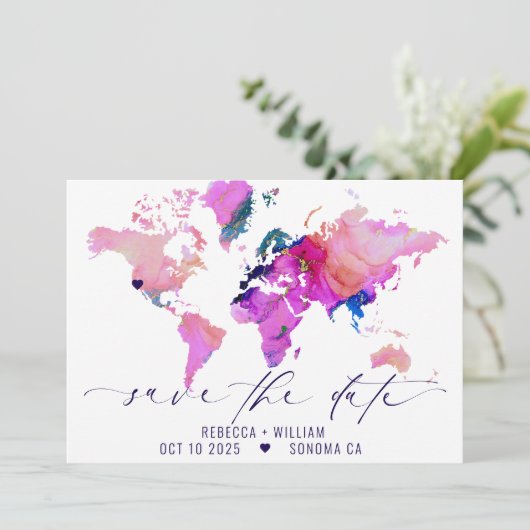 Wereldkaart reisbestemming bruiloft opslaan datum kaart (Staand voorkant)