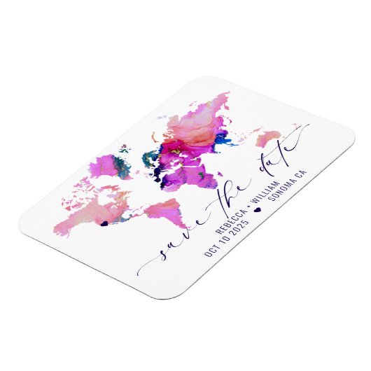 Wereldkaart reisbestemming bruiloft opslaan datum magneet (Linkerzijde)