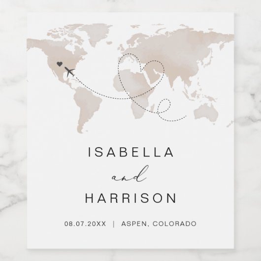 WERELDKAART reisbestemming CARMEN Beige Wijn Etiket (Enkel label)