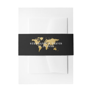 Wereldkaart reisthema zwarte en goudbestemming uitnodigingen wikkel