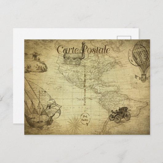  Wereldkaart Reizen met Frans vervoer Briefkaart (Voorkant / Achterkant)