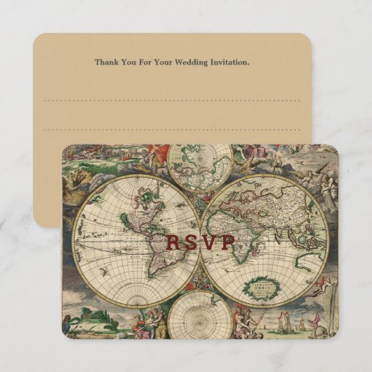  Wereldkaart Reizen Thema Bruiloft RSVP Kaartje (Voorkant / Achterkant)