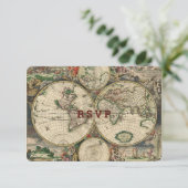  Wereldkaart Reizen Thema Bruiloft RSVP Kaartje (Staand voorkant)