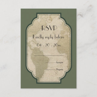  wereldkaart reizen thema bruiloft RSVP Kaartje
