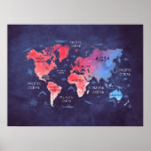 wereldkaart rood blauw poster (Voorkant)
