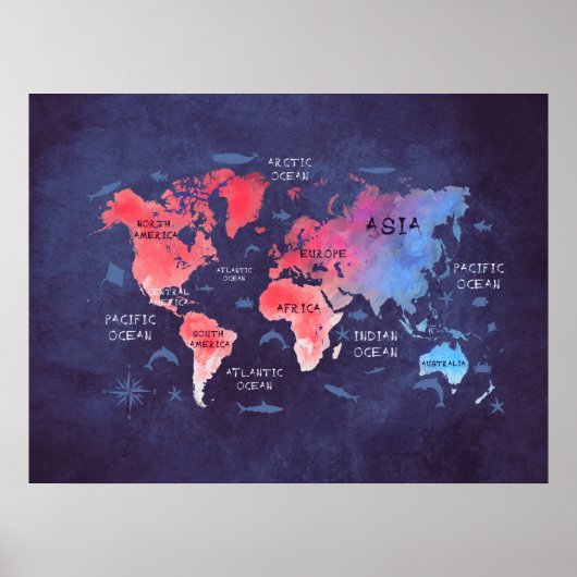 wereldkaart rood blauw poster (Voorkant)