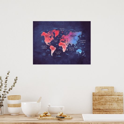 wereldkaart rood blauw poster (Keuken)