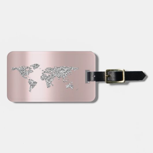 Wereldkaart Roos grijs adres naam legant Bagagelabel (Voorkant horizontaal)