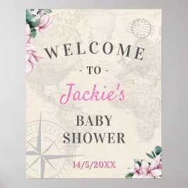 Wereldkaart Roze Floral Baby shower Welkom Poster