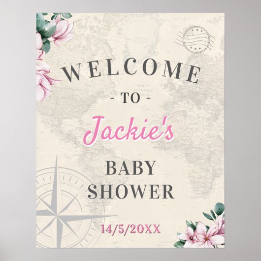 Wereldkaart Roze Floral Baby shower Welkom Poster (Voorkant)
