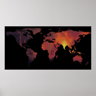 Wereldkaart Silhouette - de wereld staat in brand Poster