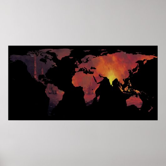 Wereldkaart Silhouette - de wereld staat in brand Poster (Voorkant)