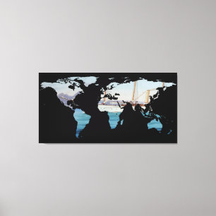 Wereldkaart Silhouette - zeilen rond de wereld Canvas Afdruk
