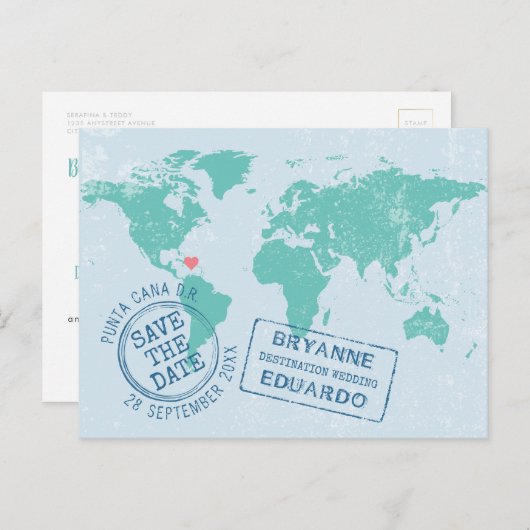 wereldkaart Sla de DATUM Briefkaart EDITABLE KLEUR (Voorkant / Achterkant)