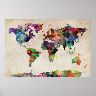 Wereldkaart Stedelijke Waterverf Poster
