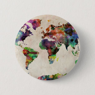 wereldkaart Stedelijke Waterverf Ronde Button 5,7 Cm