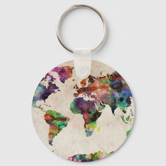 Wereldkaart Stedelijke Waterverf Sleutelhanger (Voorkant)