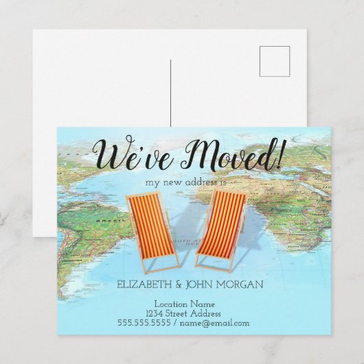Wereldkaart,Stoel,Aankondiging nieuw adres Aankondigingskaart (Voorkant / Achterkant)