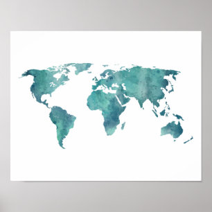 Wereldkaart Turquoise Waterverf Poster