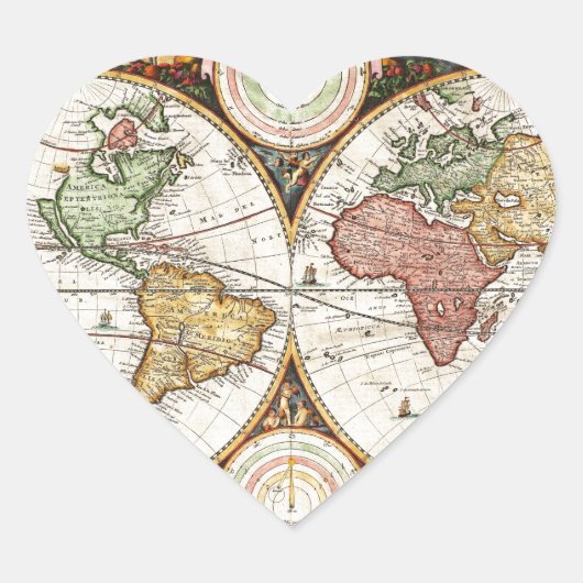  Wereldkaart Twee Hemisferen Antiek Rare Art Hart Sticker (Voorkant)