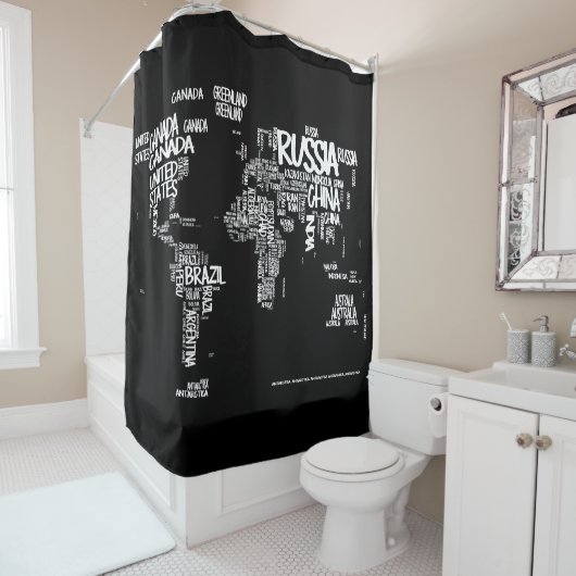 wereldkaart Typografie Shower Curtain, zwart-wit Douchegordijn (In situ)