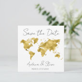 Wereldkaart van bestemming beweegbare harten opsla save the date (Staand voorkant)