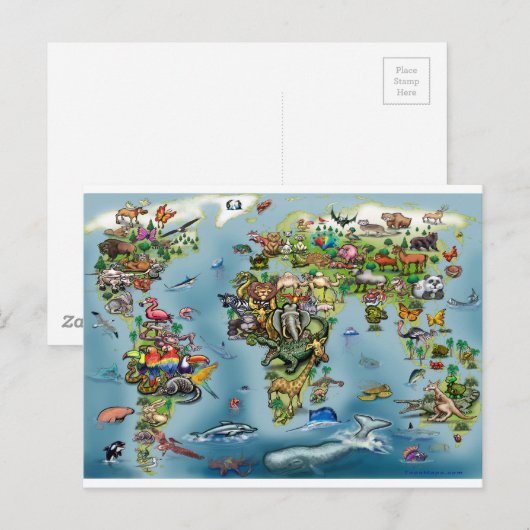 Wereldkaart van dieren briefkaart (Voorkant / Achterkant)