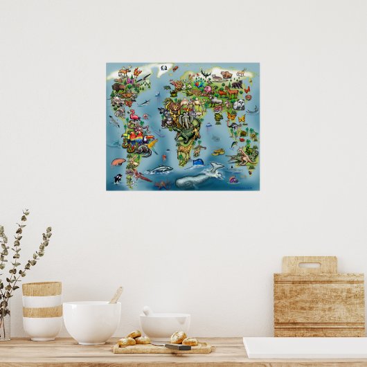 Wereldkaart van dieren poster (Keuken)