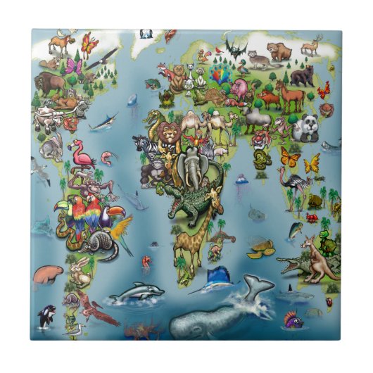 Wereldkaart van dieren tegeltje (Voorkant)