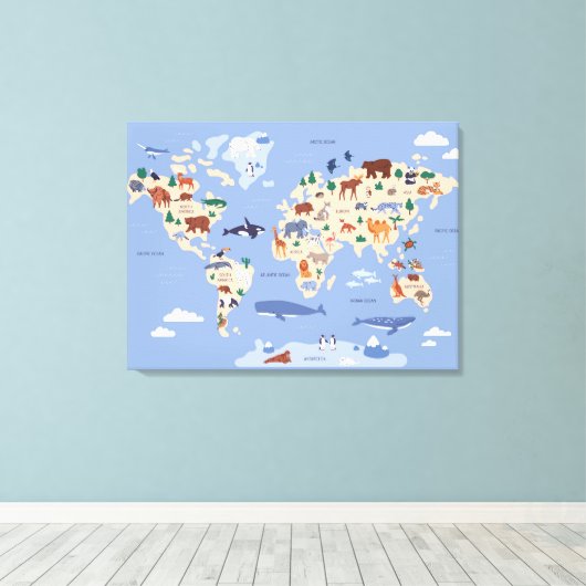 wereldkaart van kinderen met dieren canvas afdruk (Insitu (Houten vloer))
