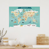 Wereldkaart van kinderen met dieren en landmerken poster (Keuken)
