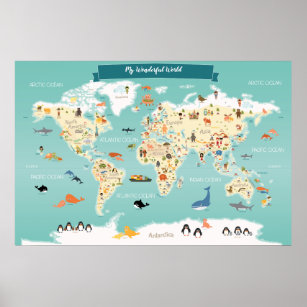 Wereldkaart van kinderen met dieren en landmerken poster
