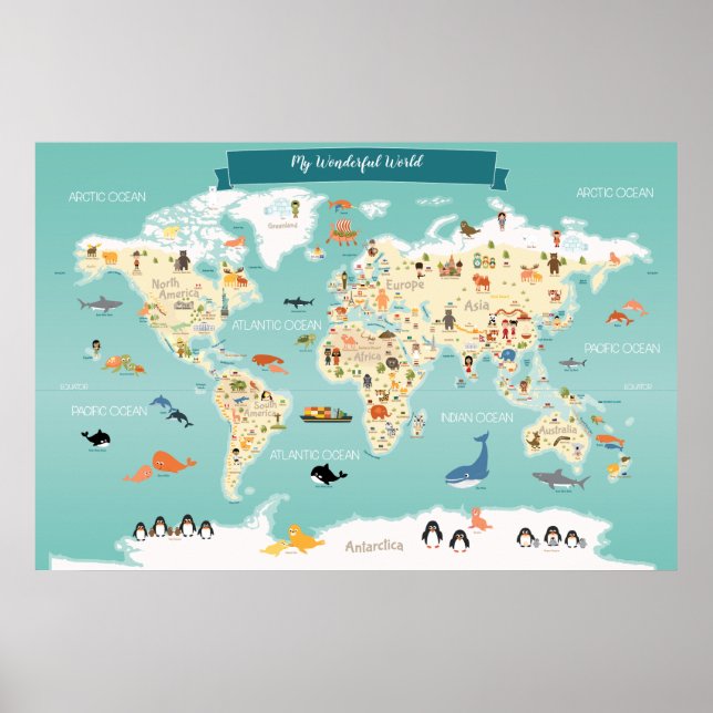 Terugbetaling Postbode Onafhankelijk Wereldkaart van kinderen met dieren en landmerken poster | Zazzle.nl