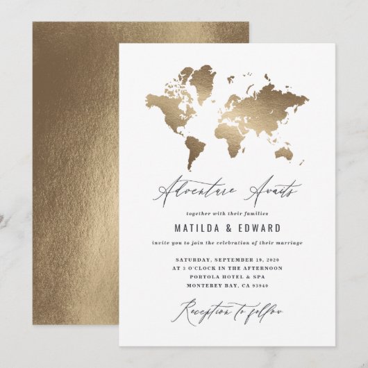Wereldkaart van metallisch goud: bruiloft (Voorkant / Achterkant)