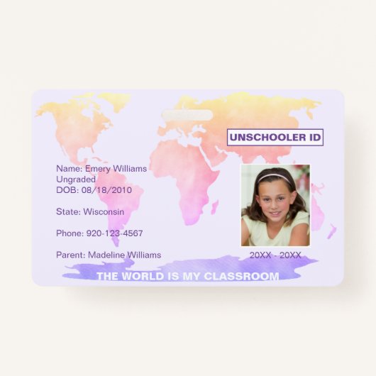 Wereldkaart van Unschooler Student ID Badge (Voorkant)