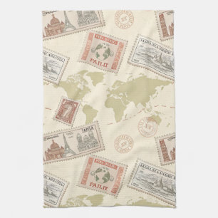 Wereldkaart van vintage-postzegels Reis (1) Theedoek