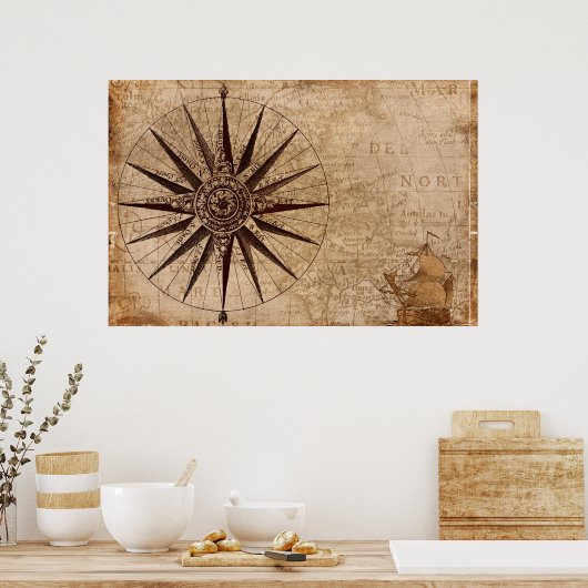 Wereldkaart Verzendtijd compass Sailing Ship Disco Poster (Keuken)