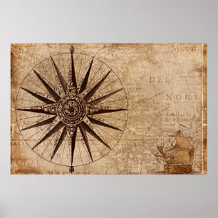 Wereldkaart Verzendtijd compass Sailing Ship Disco Poster
