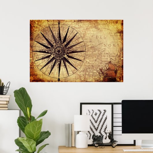 Wereldkaart Verzendtijd compass Sailing Ship Disco Poster (Thuiskantoor)