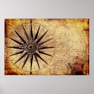 Wereldkaart Verzendtijd compass Sailing Ship Disco Poster